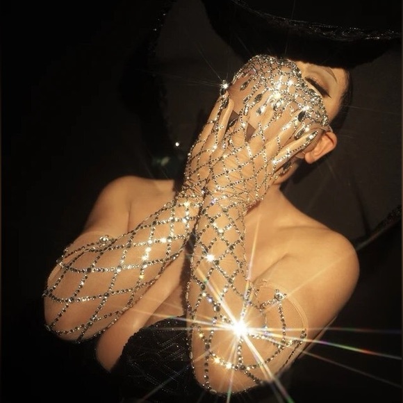 Sparkling Spandex Geometric Rhinestone Elbow Length Gloves - Picture 5 of 6